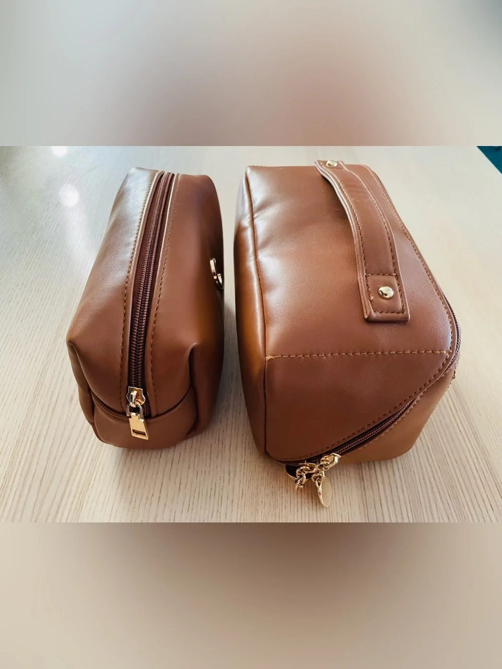 Tan faux leather matching cosmetic bag/ case set, gold “C” emblem, excellent